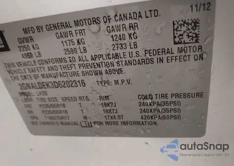 2013 Chevrolet Equinox 1Lt z USA, uszkodzony, nr VIN 2GNALDEK3D6202316